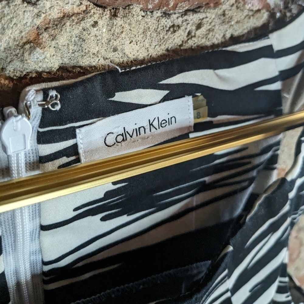 Calvin Klein Size 8 Black & Off White Brush Stroke A-Line Dress - Picture 3 of 8